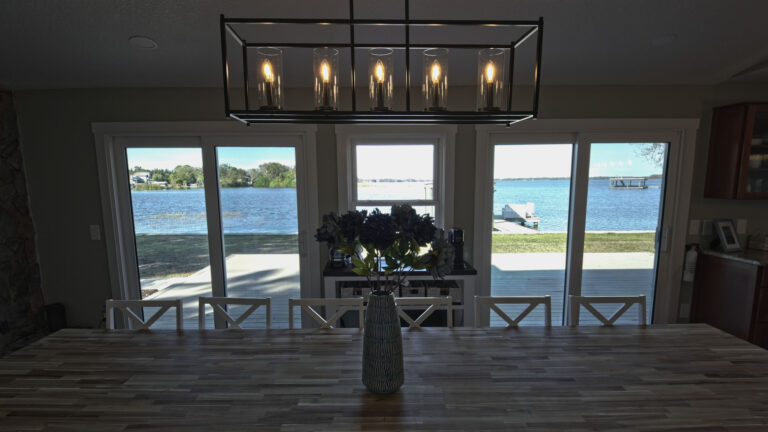 A lakeview from the table and coffee bar